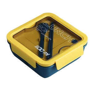 Portapranzo bento da 1100ml blu e giallo con coperchio ermetico, cucchiaio e bacchette
