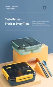 Close-up of portable divided bento box set with matching cutlery and secure side buckles