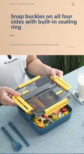 Detail of blue bento box with leak-proof silicone seal and secure side buckles