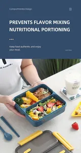 Detail of square lunch box with compartments showing chicken wings and salad inside