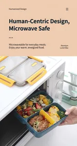 Blue and yellow divided bento lunch box showing microwave safe heating function