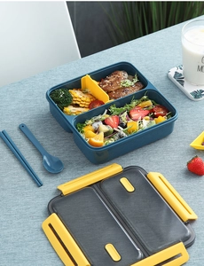 Detail of multi-compartment lunch box with utensils and secure snap-lock lid mechanism