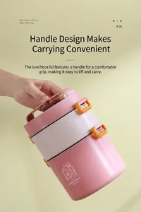 Close-up of portable pink plastic lunch box featuring a sturdy handle and side locks