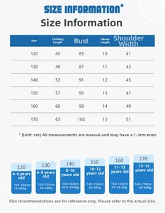Detailed size chart for kids short sleeve t-shirts with measurements in cm for ages 4-15