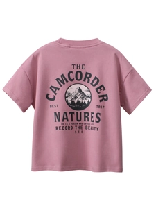 Camiseta de algodón rosa palo de manga corta con gráfico de naturaleza y corte holgado
