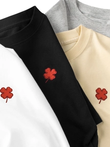 Kids T-Shirt 100% Combed Cotton Short Sleeve Crew Neck Red Clover Embroidery Loose Casual For Boys Girls Youth
