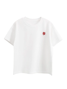 Minimalist white cotton T-shirt with red clover embroidery, unisex loose fit summer tee