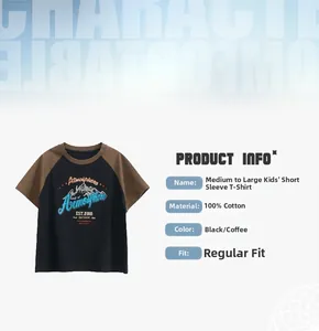 Detail view of cotton boy's raglan T-shirt showing product info and mountain print