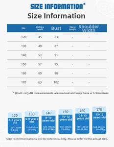 Size information chart for kids striped t-shirt showing detailed measurements and ages