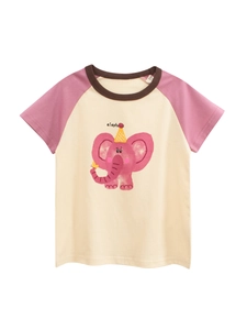 T-Shirt Bébé Fille En Coton À Manches Courtes Raglan Imprimé Éléphant De Dessin Animé Col Rond Couleur Contrastée Été Top