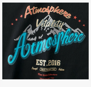 Close-up of vintage mountain print and premium lettering on cotton raglan boys T-shirt
