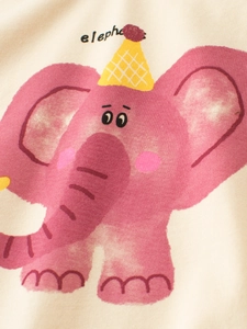 T-shirt fille blanc cassé avec imprimé éléphant rose mignon et texture en coton doux