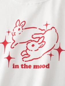 Kids white cotton T-shirt featuring red rabbit graphic print and in the mood slogan