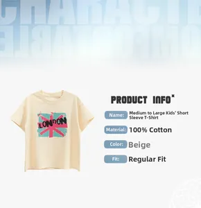 Détail du t-shirt enfant en coton beige avec imprimé Union Jack London et texte rouge