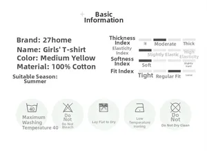 Detailed size chart for girls' 100% cotton yellow t-shirt with fabric specifications