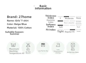 Tableau des tailles et détails du tissu pour t-shirt filles 100% coton