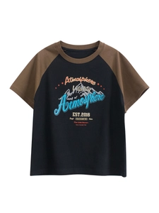 Boys Cotton Raglan Short Sleeve T-Shirt Retro Mountain Print Casual Summer Crew Neck Top