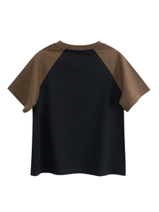 Kids black and brown raglan short sleeve t-shirt back view in heavy cotton fabric