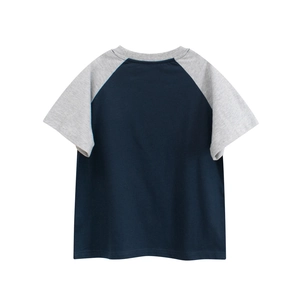 Vue arrière détaillée d'un t-shirt enfant à manches raglan bleu marine et gris chiné