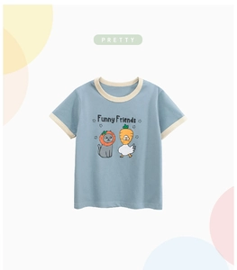 Detail of soft cotton kids t-shirt with funny cat and duck cartoon print and contrast neck