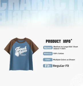 Detail view of cotton kids t-shirt with Travel Relax print and color block design