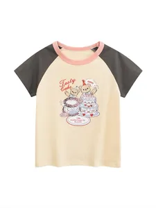 Girls Cotton Cartoon Bear Cake Print Raglan Short Sleeve T-Shirt Round Neck Summer Casual Top