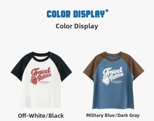 Detail of two retro raglan short sleeve T-shirts with heart graphics and artistic text