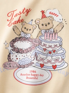 Kids cotton t-shirt in beige featuring vintage bear and cake illustration print