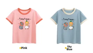 Close-up of kids t-shirt necklines and sleeves with Funny Friends cartoon prints