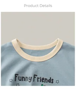 Detail of blue cotton T-shirt neckline with Funny Friends print and beige ribbing