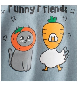 Close-up of Funny Friends cartoon cat and goose print on light blue cotton kids t-shirt