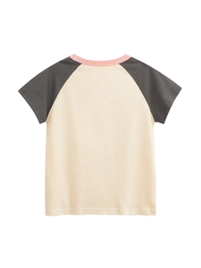 Kids' tri-color raglan sleeve cotton T-shirt in cream, dark grey and pink trim