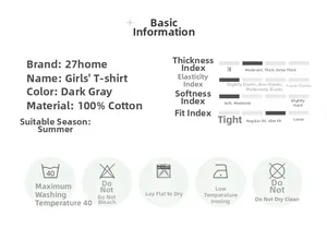 Detailed chart showing 100% cotton fabric specs and wash care for girls' summer T-shirt
