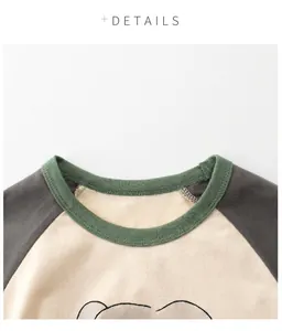 Detail of green ribbed neckline and raglan sleeves on cotton cartoon t-shirt