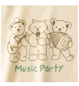 Detail of cotton fabric featuring a cute cartoon animal band print and Music Party text