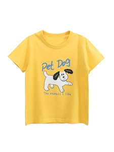 Girls Cartoon Dog Printed T-Shirt Soft Pure Cotton Short Sleeve Round Neck Summer Casual Tops Yellow