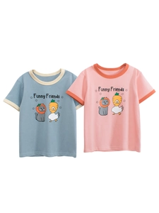 Girls Short Sleeve T-Shirt Cotton Round Neck Contrast Trim Cartoon Cat Duck Print Summer Casual Toddler Kids Top