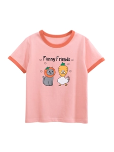 Pink kids summer cotton t-shirt featuring funny friends cartoon print and orange trim