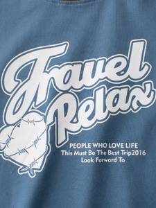 Kids blue cotton t-shirt with vintage Travel Relax heart print and raglan sleeves