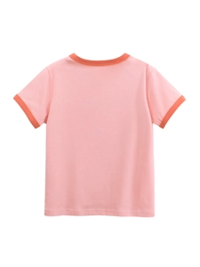 Pink cotton T-shirt for girls with orange trim and back view on white background