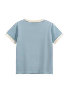 Kids vintage ringer T-shirt in grey-blue with cream contrast trim, flat lay back view