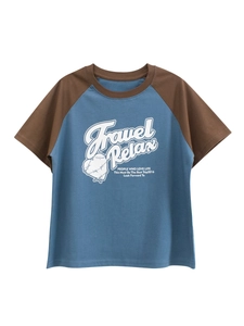 Kids loose raglan t-shirt in blue and brown with Travel Relax graphic print
