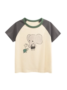 Girls Casual Cotton T-Shirt Short Sleeve Raglan Top With Cute Cartoon Elephant Print Color Block Summer Kids Crew Neck Tee