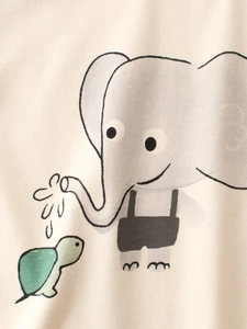 Short-sleeved cotton girl's T-shirt with cute elephant and turtle cartoon print