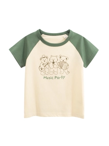 Kids Cotton Raglan Short Sleeve T-Shirt Cartoon Animal Music Party Printed Contrast Color Casual Summer Boys Girls Top