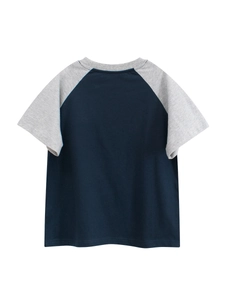 Vue arrière d'un t-shirt raglan pour enfants en coton bleu marine et gris clair