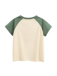 Kids' raglan short sleeve T-shirt in forest green and beige cotton, flat back view