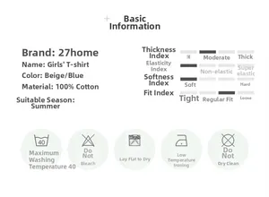 Détails de qualité montrant le tissu 100 % coton et l'entretien pour t-shirt fille