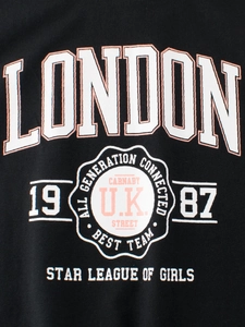 Schwarzes Kinder T-Shirt aus Baumwolle mit London 1987 Grafik im Vintage-Stil