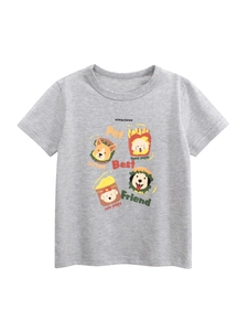 Mädchen Baumwolle T-Shirt Kurzarm Cartoon Hund Fast Food Druck Rundhals Lässig Sommer Oberteil Melange Grau Weich